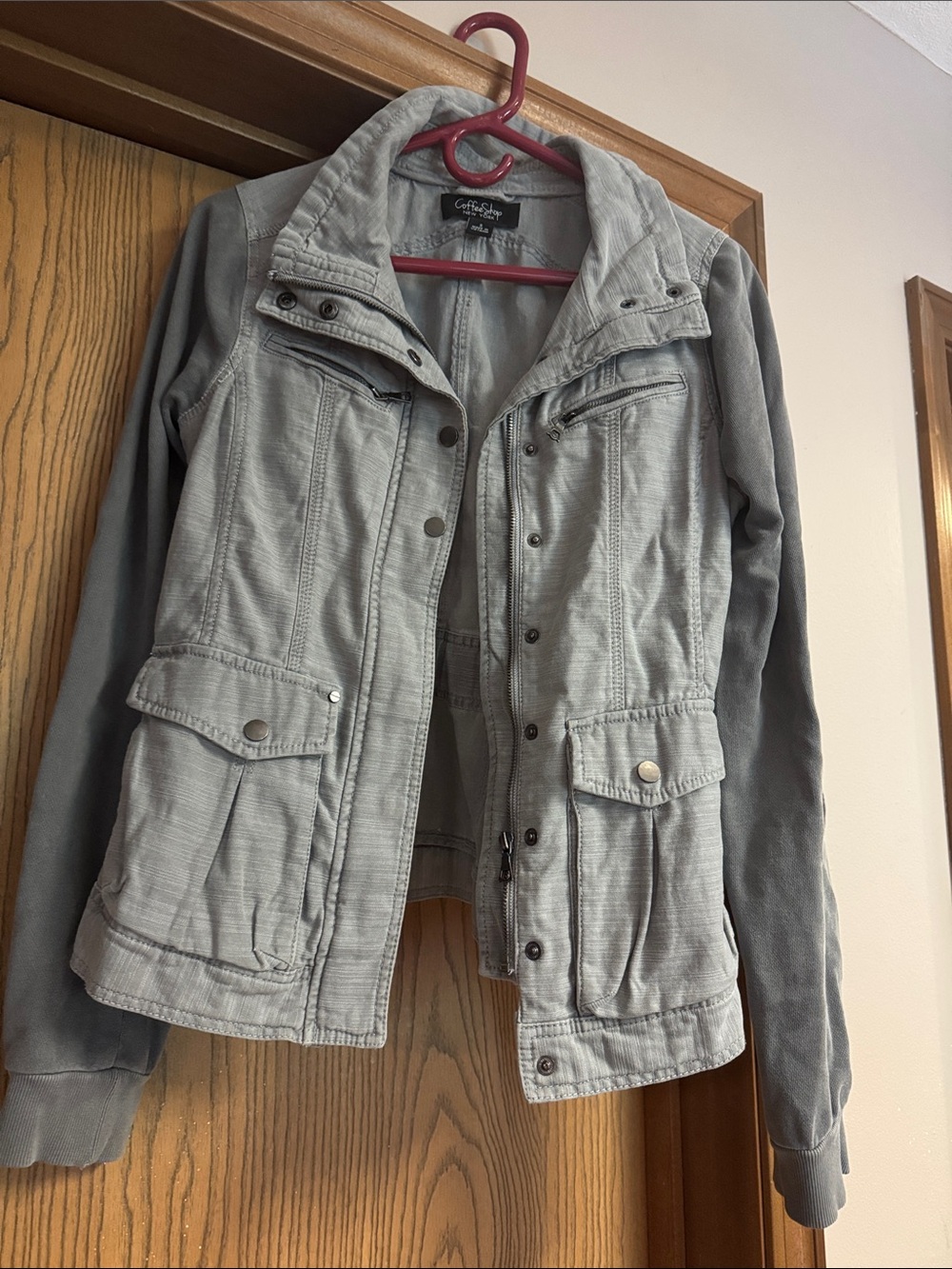 CoffeeShop Light Gray Utility Jacket with Knit Sleeves